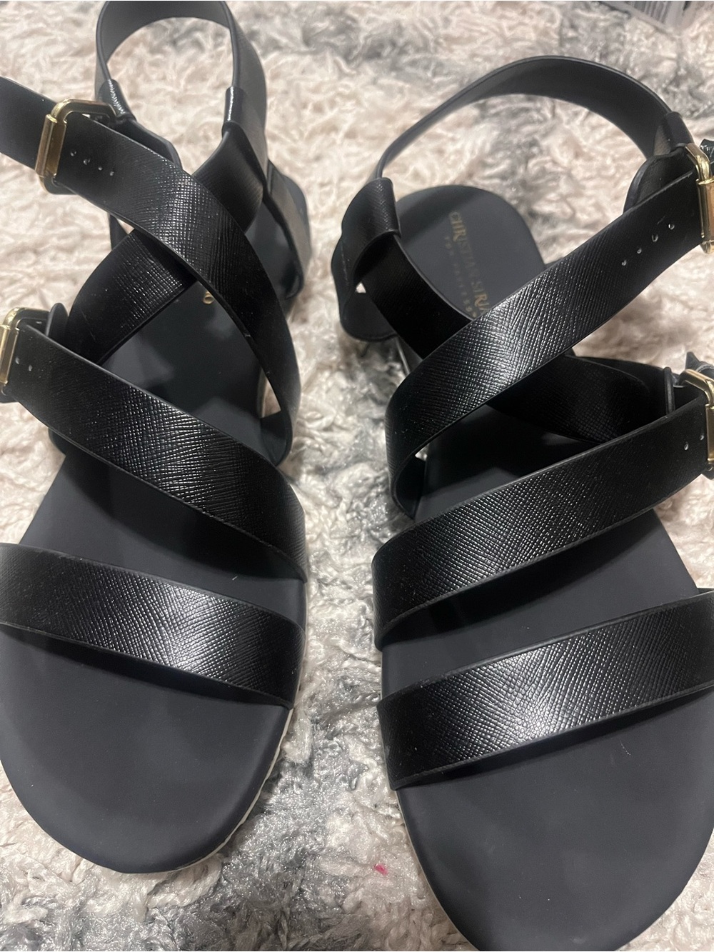 Christian Siriano Black Textured Strappy Sandals with Gold Buckles